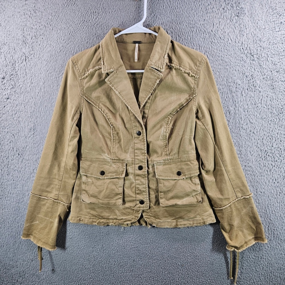 Free People Tan Khaki Ruffle Hem Lace Up Cuff Utility Jacket XS
